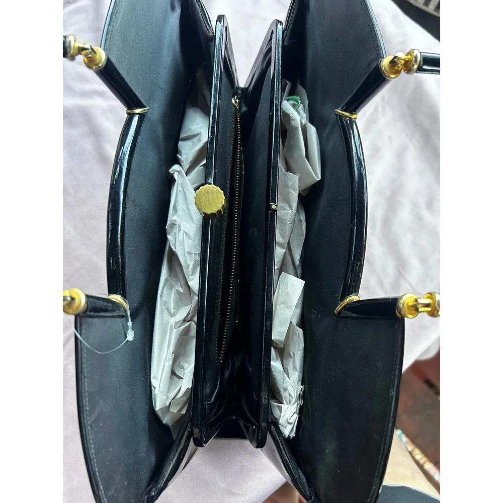 Vintage Lewis Black Patent Leather Top Handle Bag Kiss Lock Gold Hardware